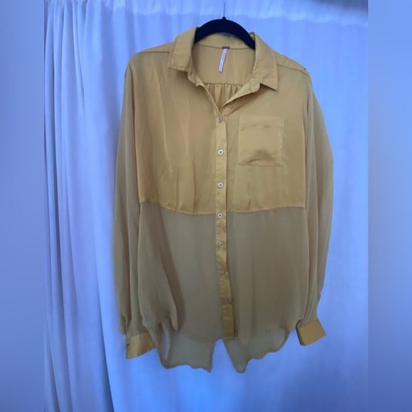 Free People Button Down Blouse golden / mustard yellow bottom half translucent💛 - Picture 3 of 9